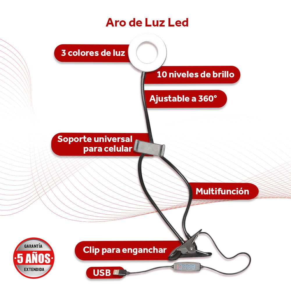 Aro De Luz Con Soporte Para Celular Multifuncional Usb 3 Colores De Luz 10 Niveles De Brillo 360° - Selectsound.com.mx