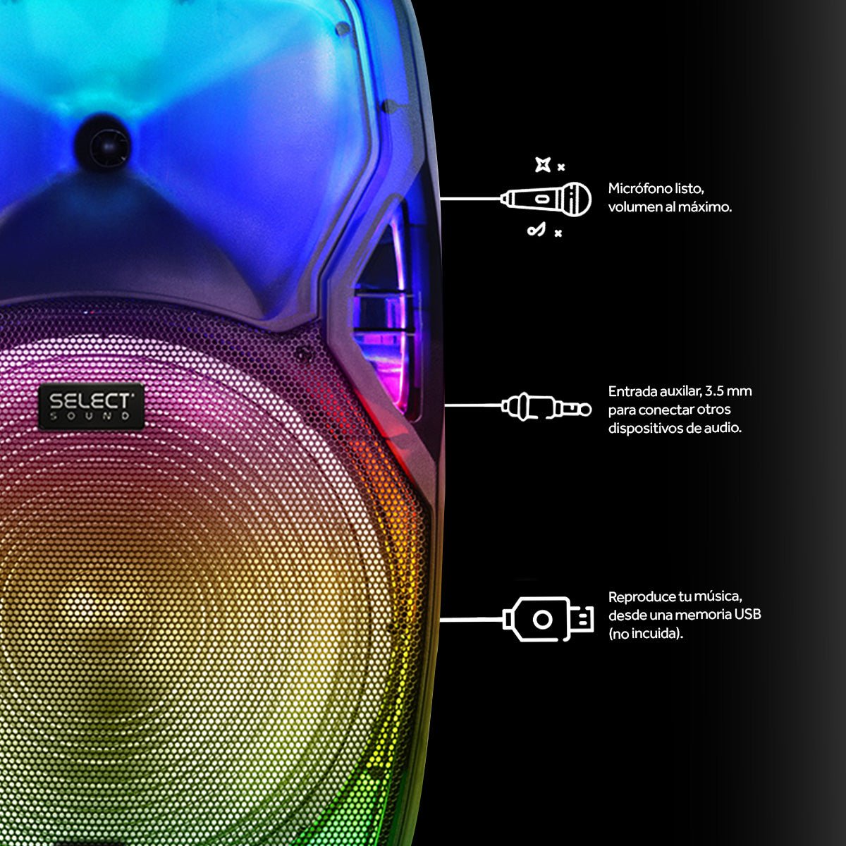 Bafle Inalámbrico 15" Con Luces Led Micrófono Y Tripie Modelo Luminous BT1507 - Selectsound.com.mx