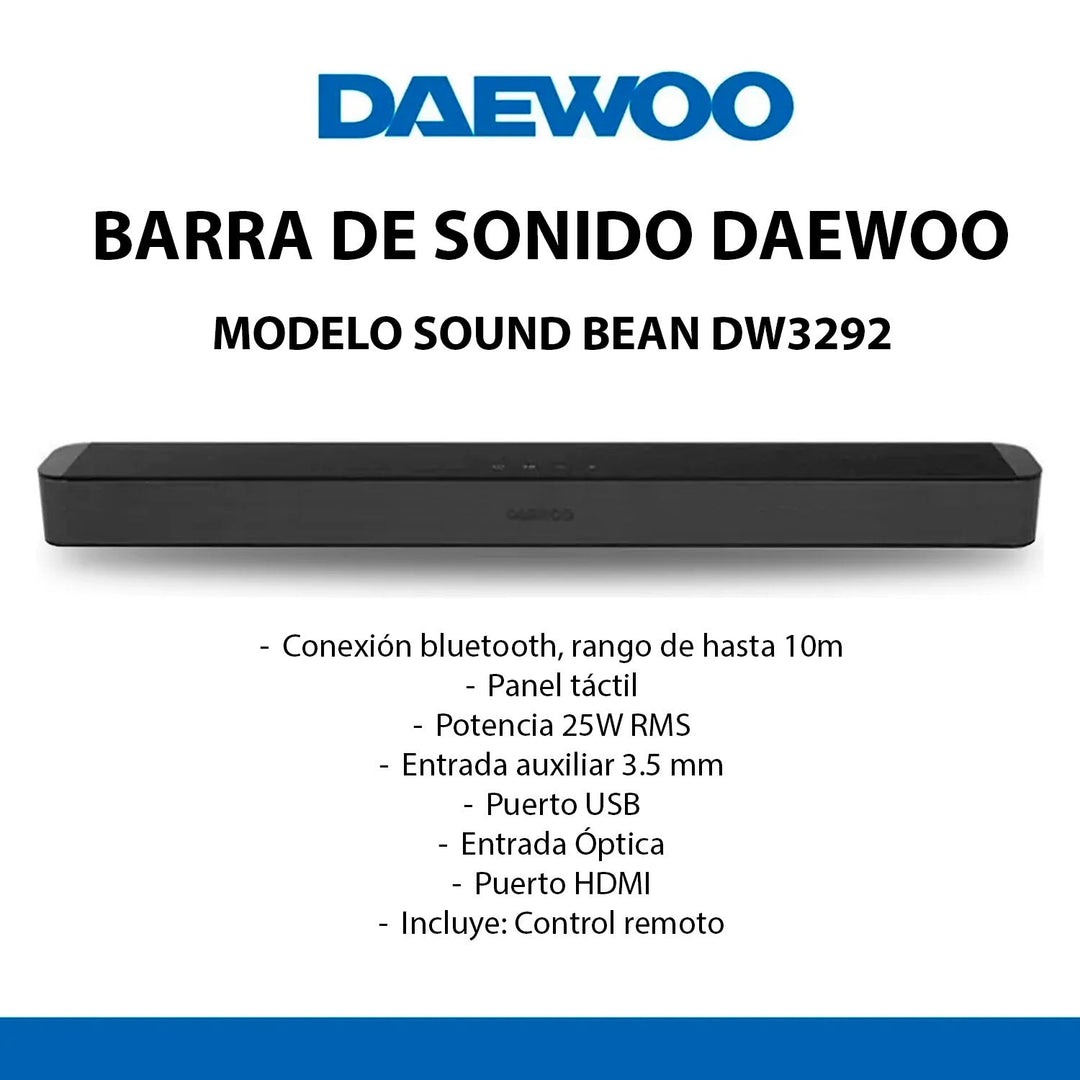 Barra De Sonido Daewoo Bluetooth 32"Modelo Sound Bean Dw3292 Touch 25w Rms - Selectsound.com.mx