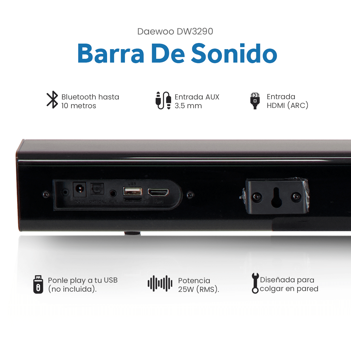 Barra de Sonido Daewoo DW3290 Conexión Inalámbrica Bluetooth 5.0 HDMI (ARC) AUX 3.5mm 20W RMS - Selectsound.com.mx