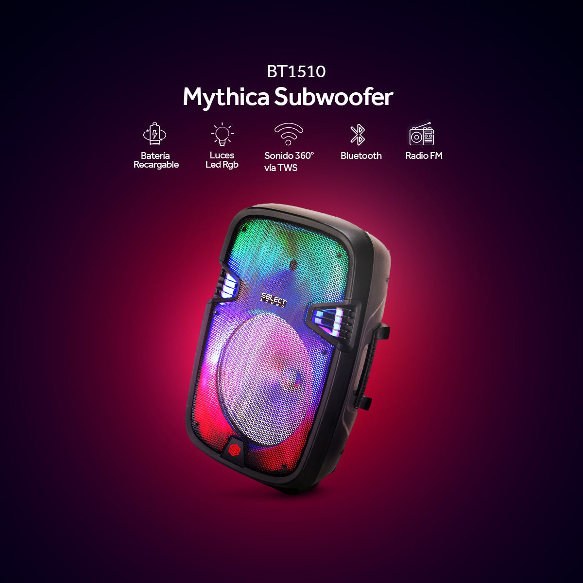 Bocina Bafle Bluetooth 15" Modelo Mythica Subwoofer Usb Radio Fm Luces Led Rgb Con Micrófono BT1510 - Selectsound.com.mx