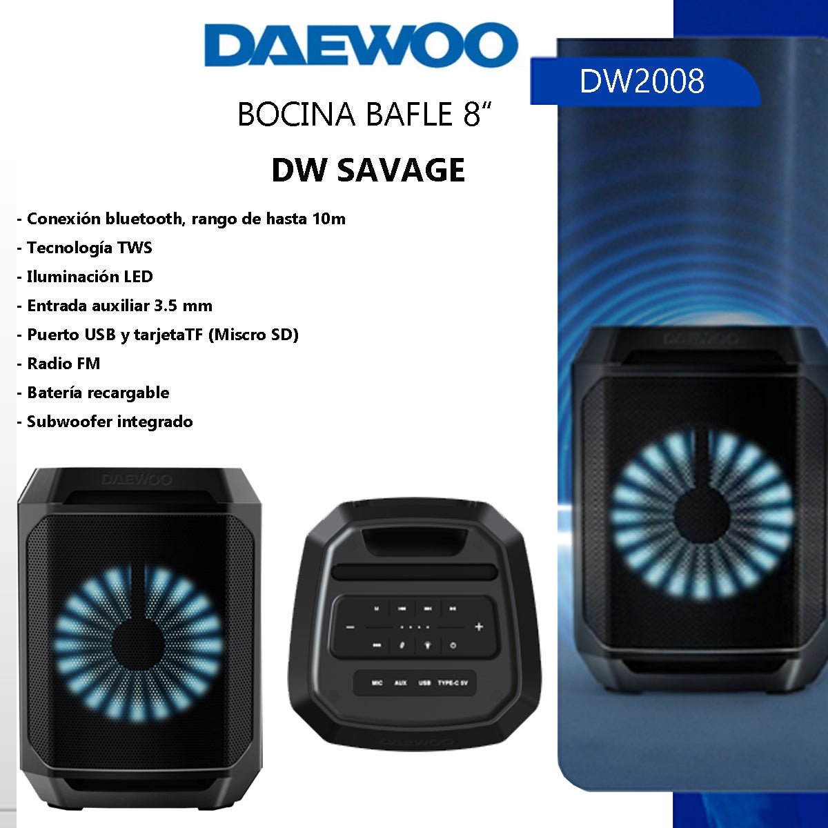 Bocina Bafle Portátil Daewoo 8" Dw - savage Bluetooth Tws Radio Fm DW2008 - Selectsound.com.mx