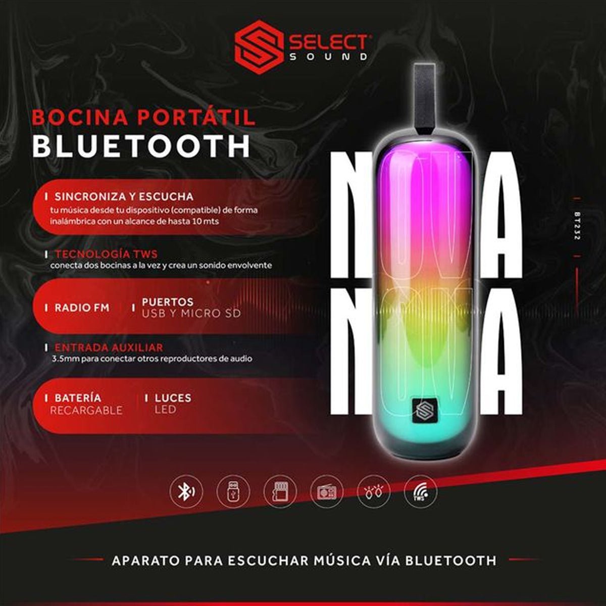 Bocina Bluetooth Recargable Select Sound Bt232 Luz Led Radio Fm Negro Tws - Selectsound.com.mx
