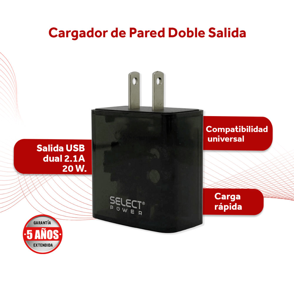 Cubo Cargador De Pared Doble Salida Usb Carga Rápida 20w Select Power CUC20 - SP - Selectsound.com.mx