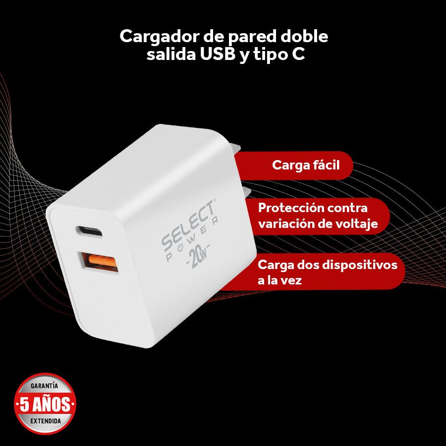 Cubo Cargador De Pared Doble Salida Usb Y Tipo C 20w Carga Rápida Select Power CUC20 - SP2 - Selectsound.com.mx