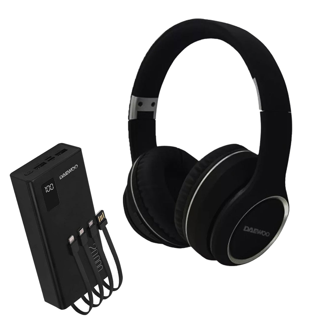 Kit Audífonos Inalámbricos Daewoo Modelo Argon Manos Libres Negro BTH20 - DW + Power Bank Bateria Portatil 20,000mAh Carga Rapida - Selectsound.com.mx
