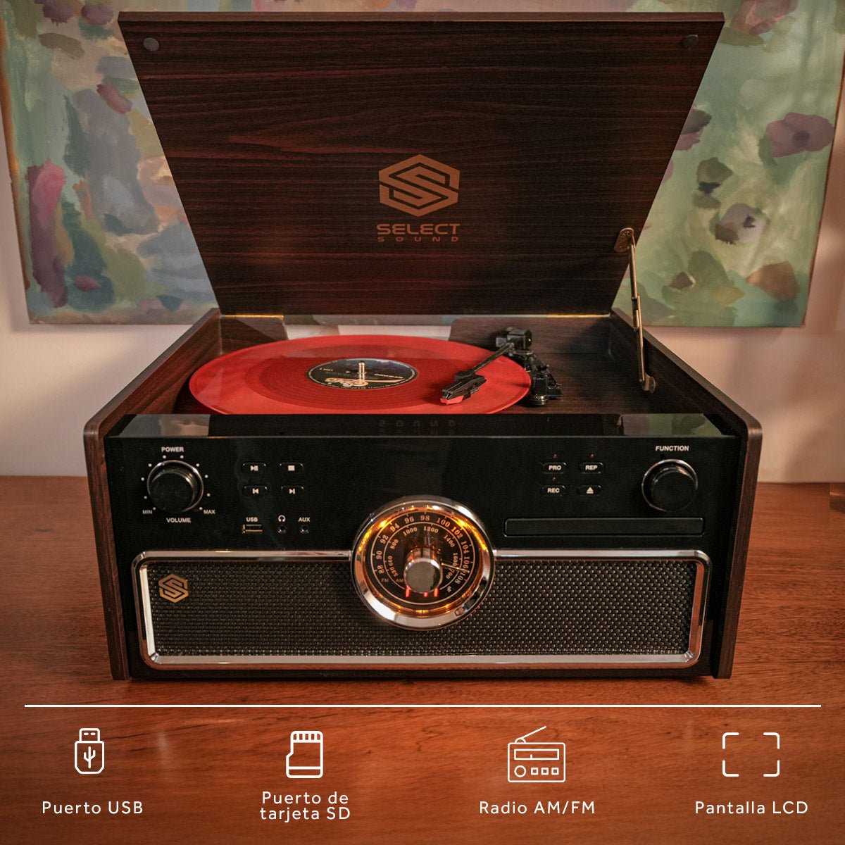 Minicomponente Select Sound Harmony BT9250 Tornamesa Bluetooth 5.0 CD USB AM/FM - Selectsound.com.mx