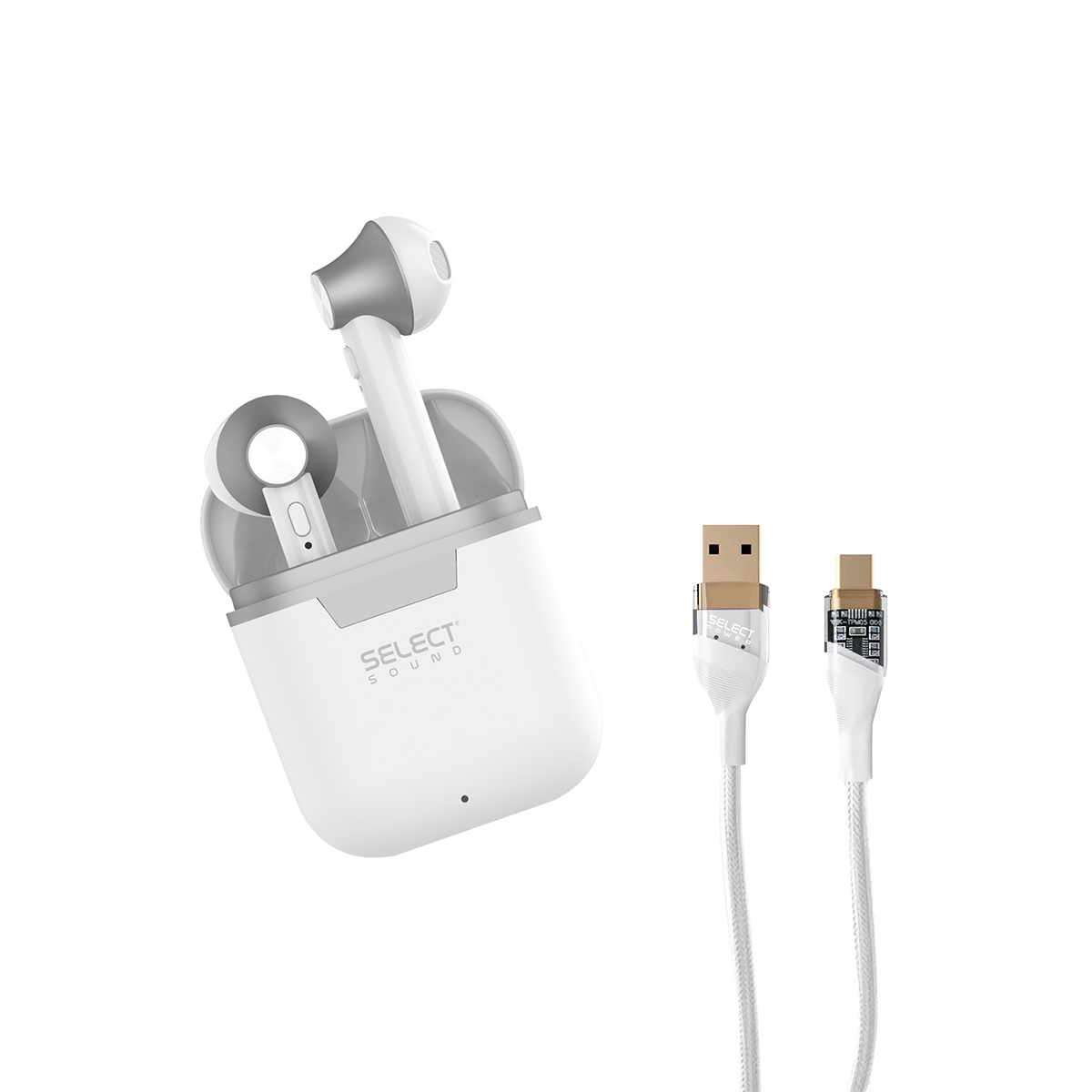 🎧⚡ Paquete Select Sound Audífonos BTH035B Inalámbricos Bluetooth Pocket Tws y Cable Cargador CCR - SPB Usb A Tipo C Indicador Led 1.2mts - Selectsound.com.mx