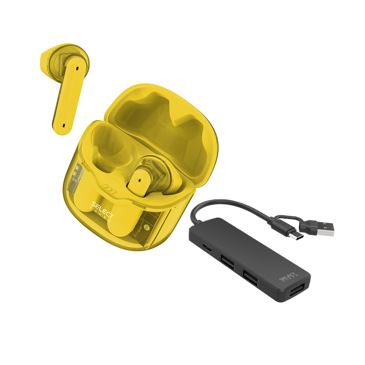 Paquete Select Sound Audífonos inalámbricos BTH040AM Crystal + Hub USB‑C ADAPU - SP 4 puertos 🎧🔌 - Selectsound.com.mx