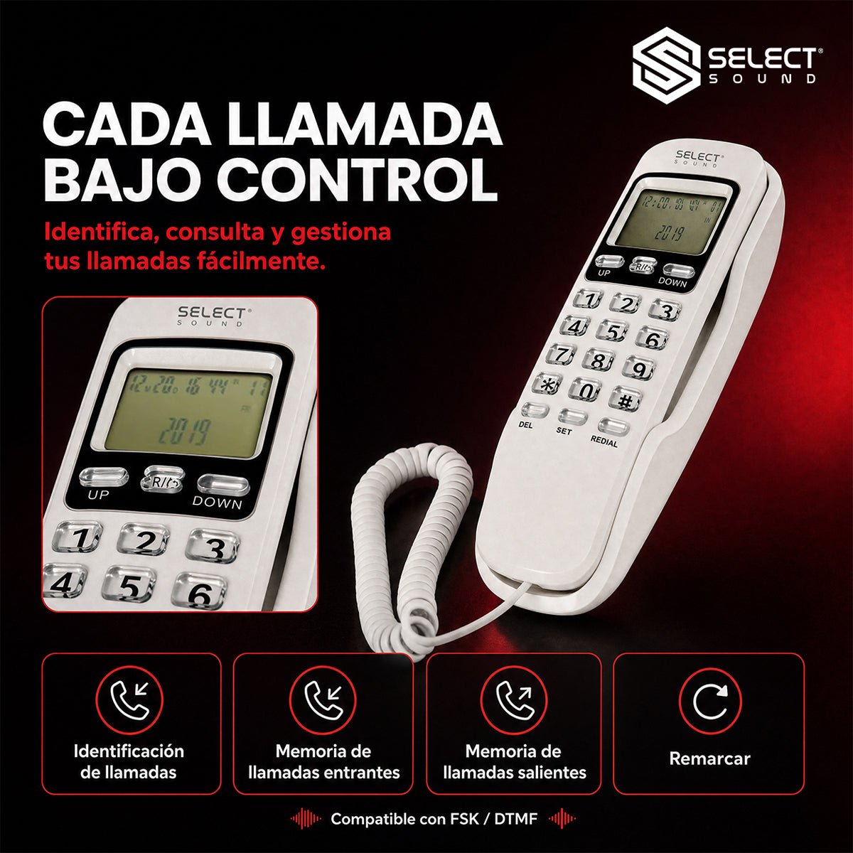 Teléfono Alámbrico Select Sound 8338 Caller ID Pantalla LCD Alarma Pared - Selectsound.com.mx