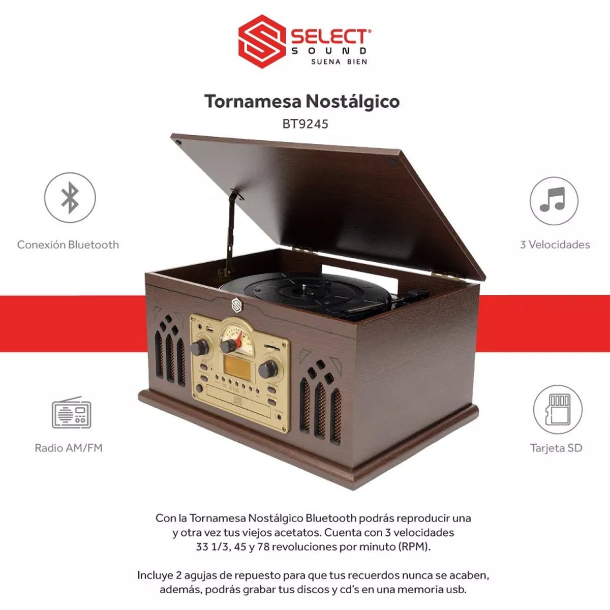 TornamesaRetro Vintage Nostálgico Bluetooth Usb Mp3 Radio Am/Fm BT9245 - Selectsound.com.mx
