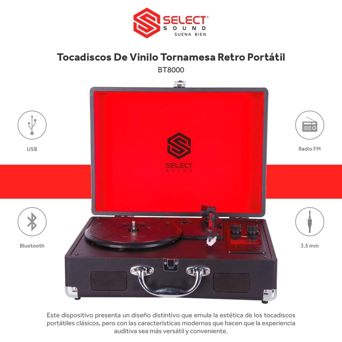 Tocadiscos De Vinilo Tornamesa Retro Portátil Bluetooth Recargable Radio Fm  Select Sound BT8000 