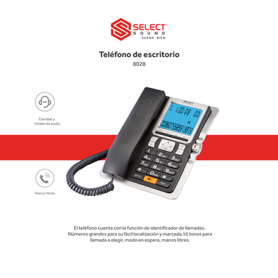 Teléfono Fijo Alámbrico Select Sound 8028 con Identificador de Llamadas, Manos Libres y Pantalla LCD
