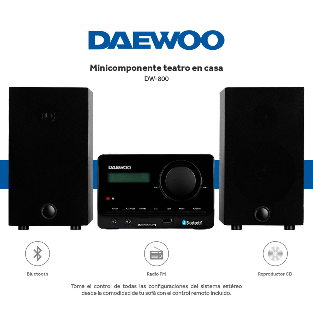 Minicomponente Bluetooth Daewoo DW-800 con Reproductor de CD, USB, SD, Radio FM y Control Remoto