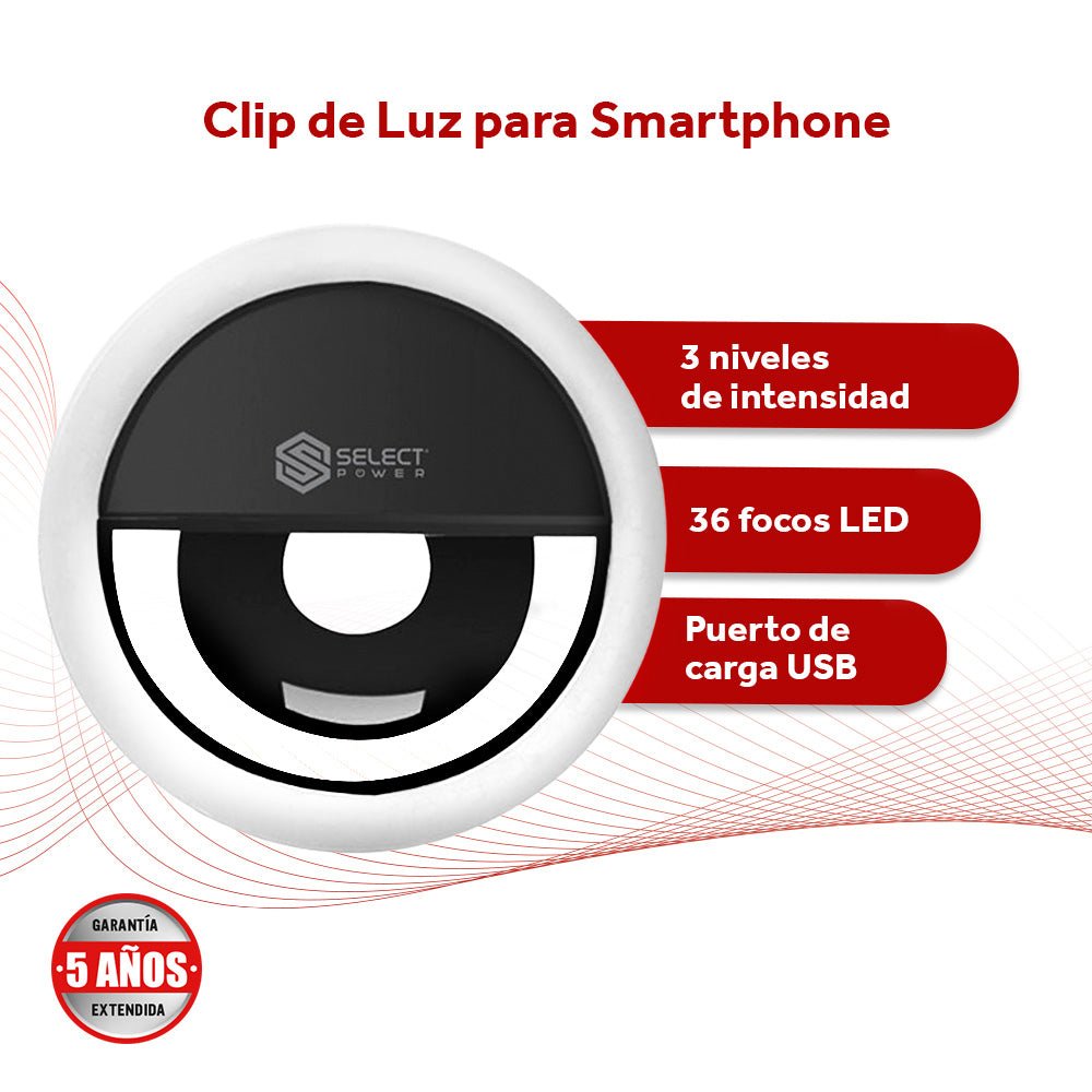 Aro De Luz Clip Para Celular Usb 3 Niveles De Intensidad Select Power Modelo CLIP - SP - Selectsound.com.mx