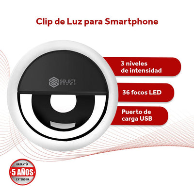 Aro De Luz Clip Para Celular Usb 3 Niveles De Intensidad Select Power Modelo CLIP - SP - Selectsound.com.mx