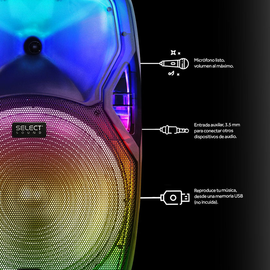 Bafle Inalámbrico 15" Con Luces Led Micrófono Y Tripie Modelo Luminous BT1507 - Selectsound.com.mx