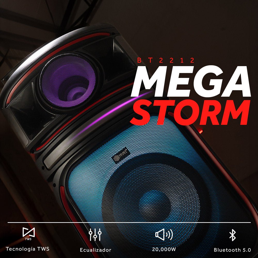 ⭐ Bafle Recargable Bluetooth BT2212 Megastorm 2x12" 80W RMS Sonido Potente y Luces LED RGB - Selectsound.com.mx
