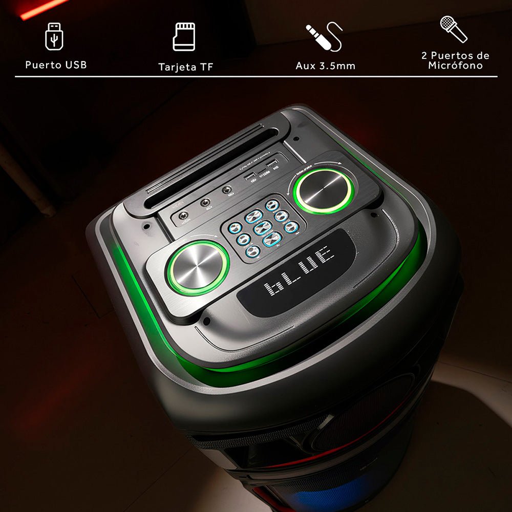 ⭐ Bafle Recargable Bluetooth BT2212 Megastorm 2x12" 80W RMS Sonido Potente y Luces LED RGB - Selectsound.com.mx