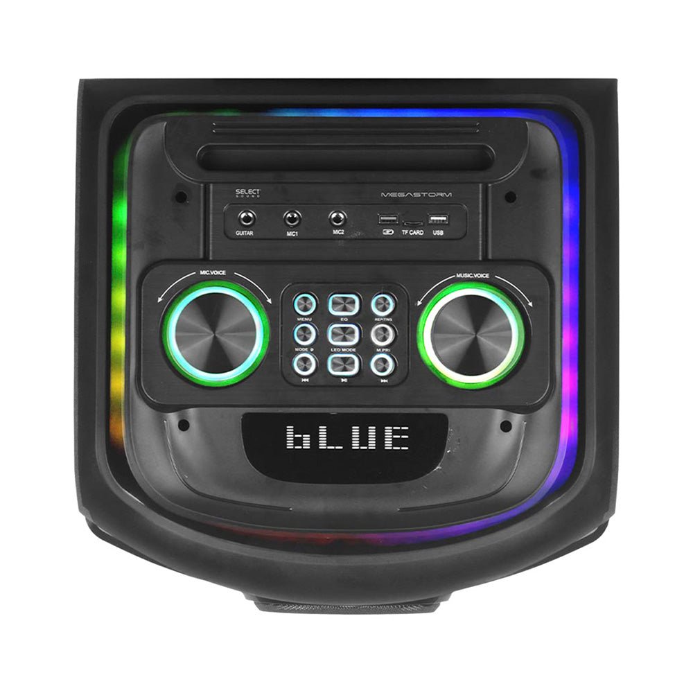 ⭐ Bafle Recargable Bluetooth BT2212 Megastorm 2x12" 80W RMS Sonido Potente y Luces LED RGB - Selectsound.com.mx