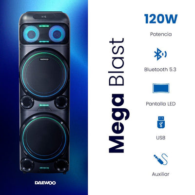⭐ Bafle Recargable Bluetooth DW2016 Daewoo DW MEGA BLAST 2x15" 100W RMS – Sonido Potente y Luces LED RGB - Selectsound.com.mx