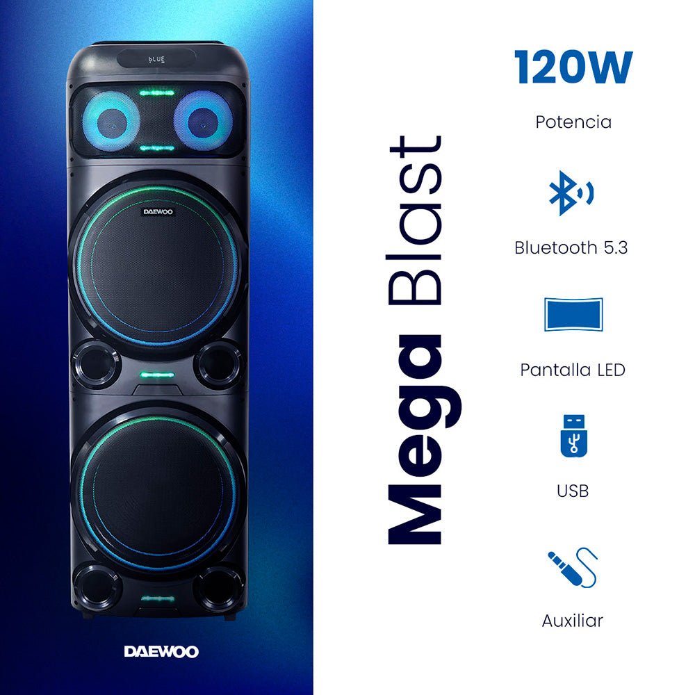 ⭐ Bafle Recargable Bluetooth DW2016 Daewoo DW MEGA BLAST 2x15" 100W RMS – Sonido Potente y Luces LED RGB - Selectsound.com.mx