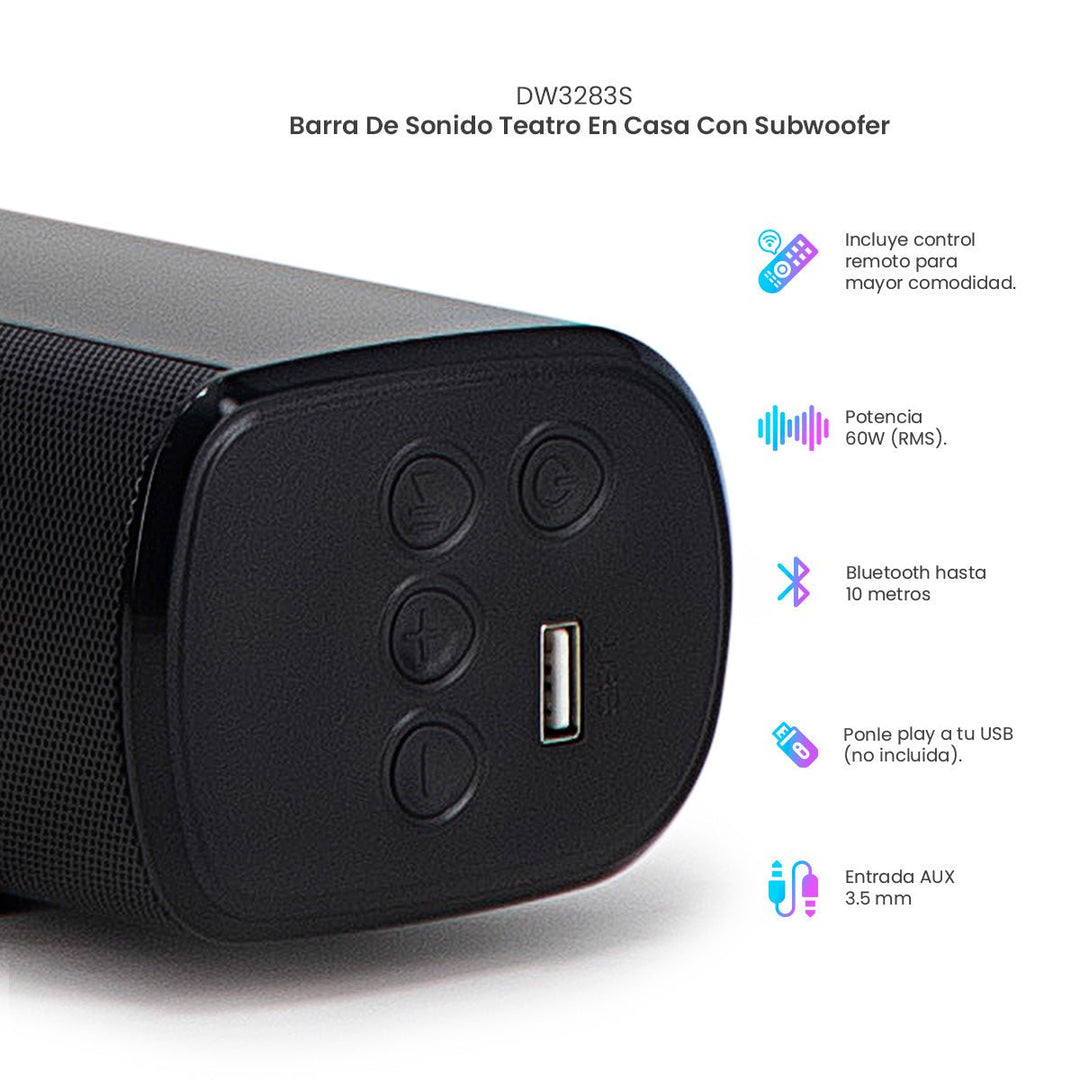Barra de sonido Bluetooth Daewoo Ultimate DW3283S 125W RMS con Subwoofer, HDMI ARC y Audio 5.1 - Selectsound.com.mx