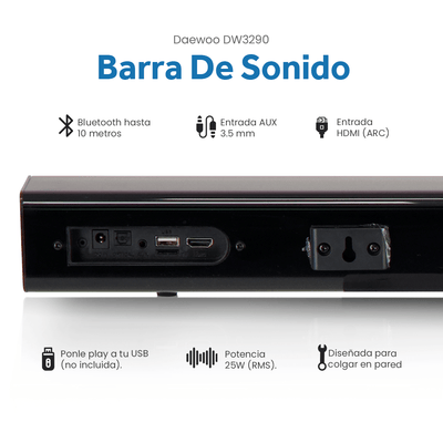 Barra de Sonido Daewoo DW3290 Conexión Inalámbrica Bluetooth 5.0&nbsp; HDMI (ARC)&nbsp; AUX 3.5mm 20W RMS - Selectsound.com.mx