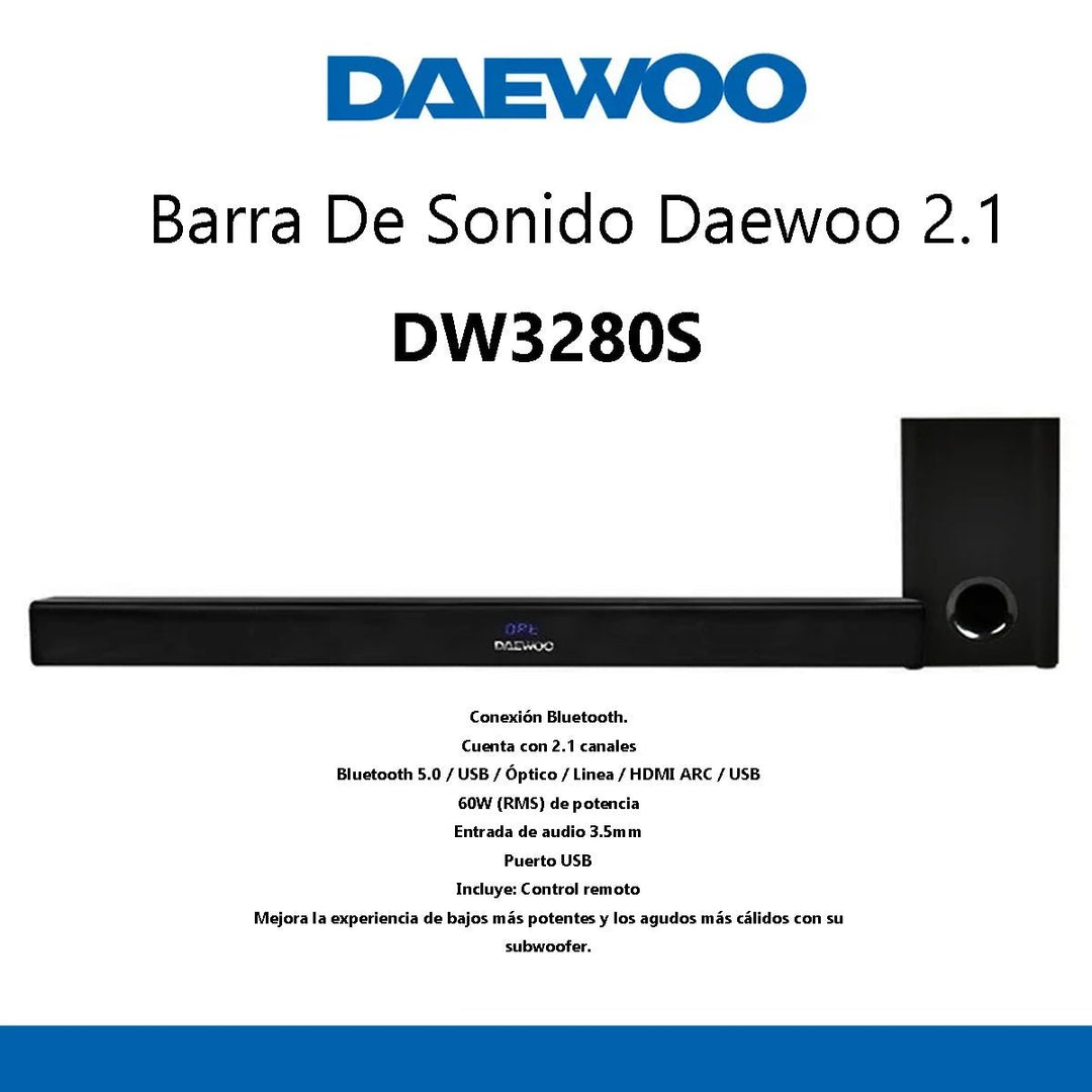 Barra De Sonido Teatro En Casa Con Subwoofer Daewoo 2.1 DW3280S - Selectsound.com.mx