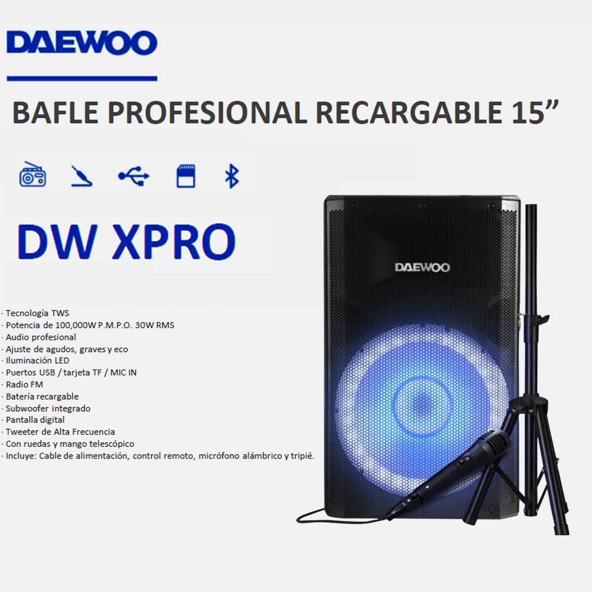 Bocina Bafle 15" Dw-Xpro Daewoo Inalambrica Con Microfono Y TripIe - Selectsound.com.mx