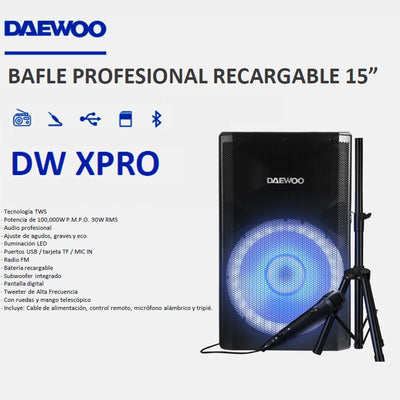 Bocina Bafle 15" Dw-Xpro Daewoo Inalambrica Con Microfono Y TripIe - Selectsound.com.mx