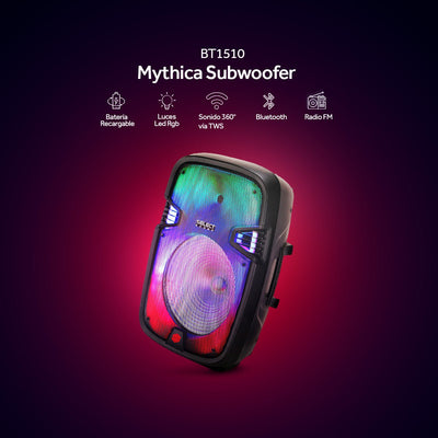 Bocina Bafle Bluetooth 15" Modelo Mythica Subwoofer Usb Radio Fm Luces Led Rgb Con Micrófono BT1510 - Selectsound.com.mx