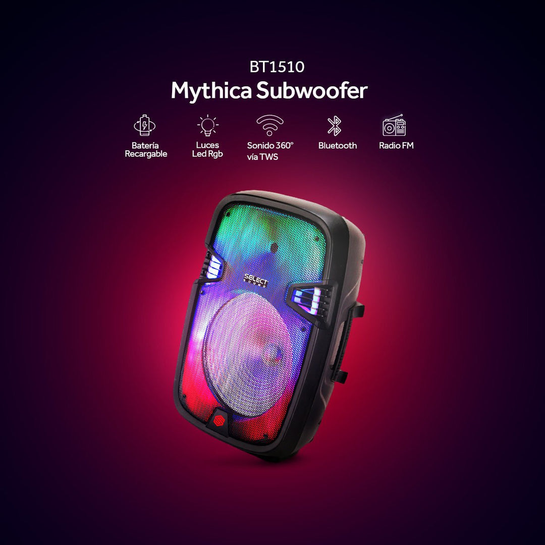 Bocina Bafle Bluetooth 15" Modelo Mythica Subwoofer Usb Radio Fm Luces Led Rgb Con Micrófono BT1510 - Selectsound.com.mx