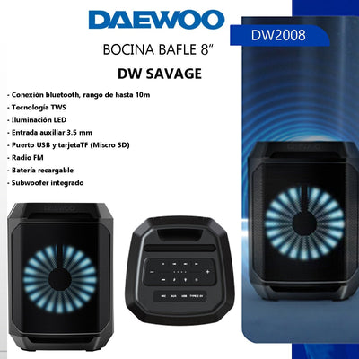 Bocina Bafle Portátil Daewoo 8" Dw - savage Bluetooth Tws Radio Fm DW2008 - Selectsound.com.mx
