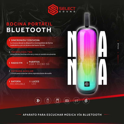 Bocina Bluetooth Recargable Select Sound Bt232 Luz Led Radio Fm Negro Tws - Selectsound.com.mx