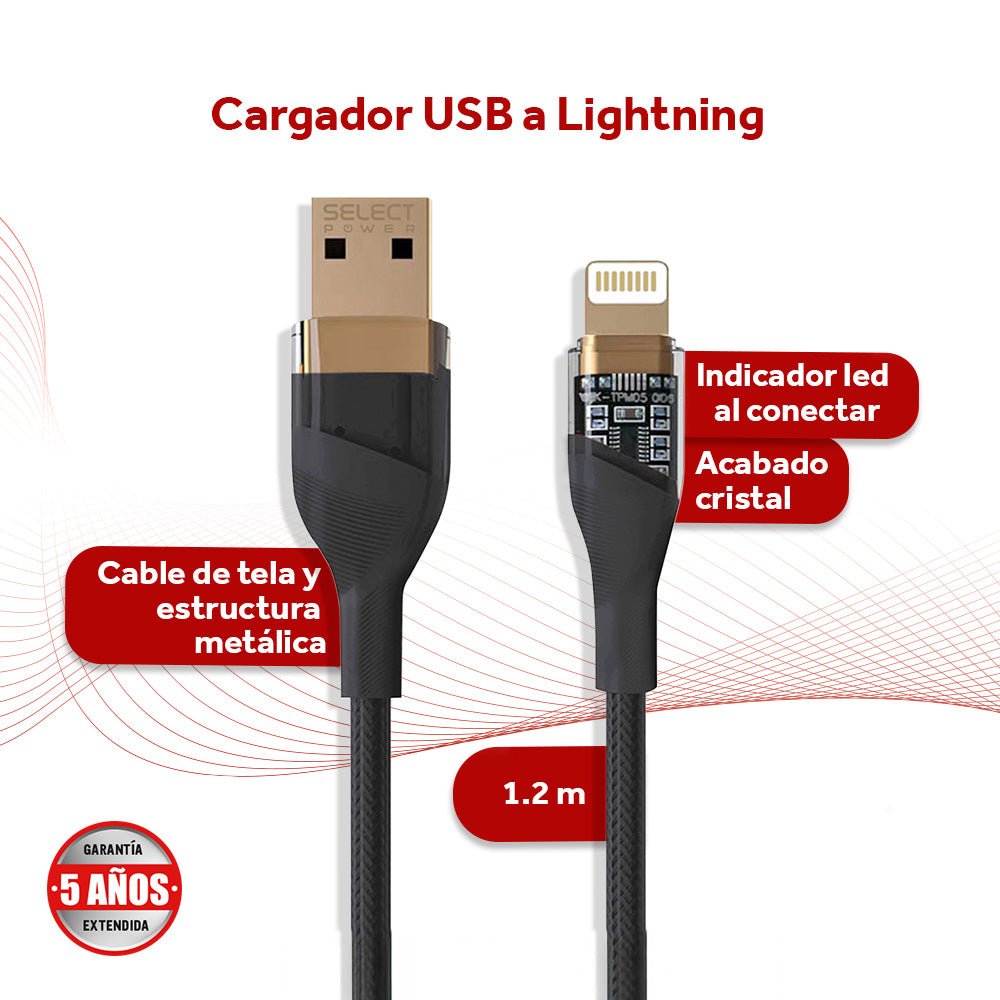 Cable Cargador Usb A Ligthning Select power Indicador Led 1.2mts Modelo ICR - SPA - Selectsound.com.mx