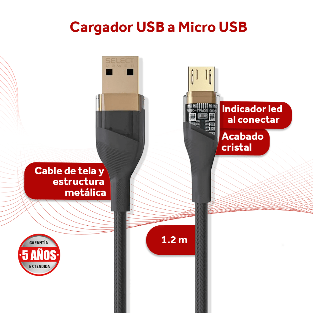 Cable Cargador Usb A Micro Usb Select Power Indicador Led 1.2mts Modelo MCR - Selectsound.com.mx