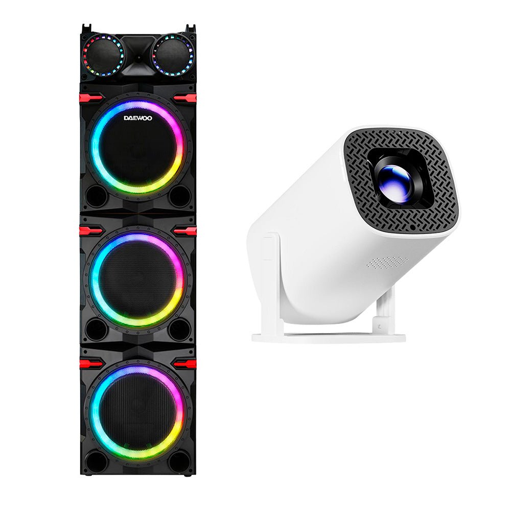 Combo Bocina Bafle Torre De Sonido Daewoo Bluetooth 3X10" High Power DW2020 Y Proyector Portátil PROJ - SP Wifi Bluetooth Resolución HD KIT - MUN12 - Selectsound.com.mx