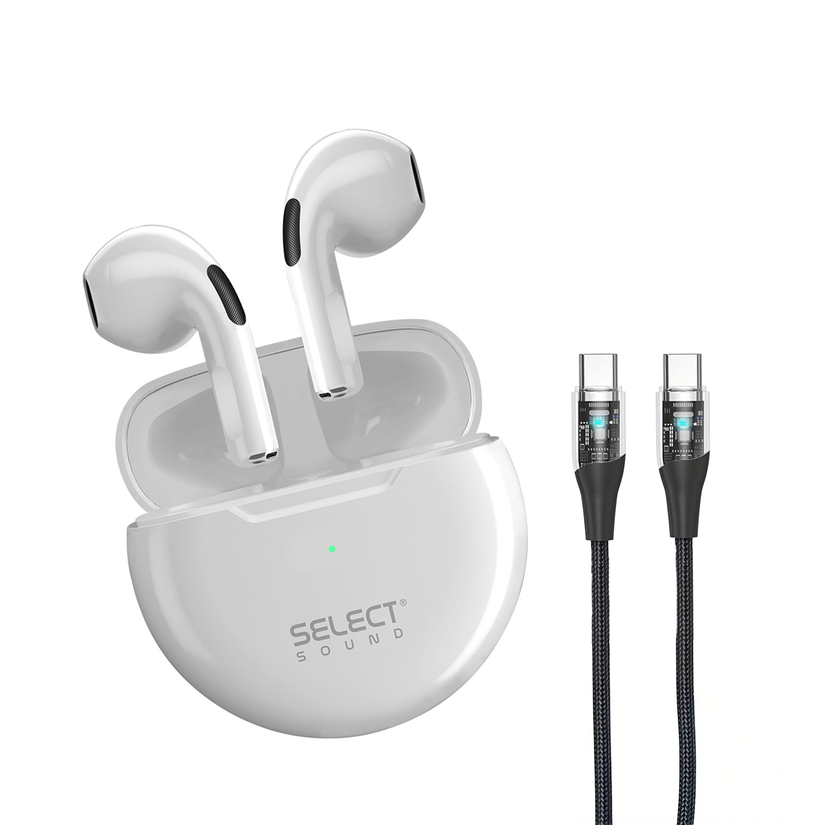 Combo Select Sound Audífonos Inalámbricos BTH022B Bluetooth TWS "Dots" + Cable USB‑C a USB‑C CC - CSPN con LED de 1.2 m - Selectsound.com.mx