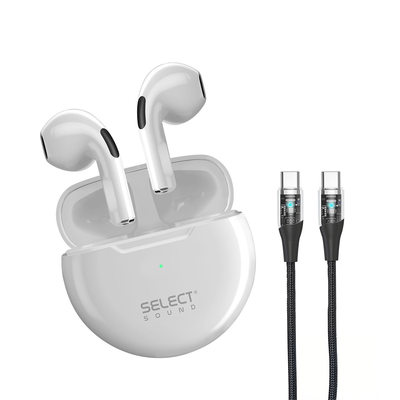 Combo Select Sound Audífonos Inalámbricos BTH022B Bluetooth TWS "Dots" + Cable USB‑C a USB‑C CC - CSPN con LED de 1.2 m - Selectsound.com.mx