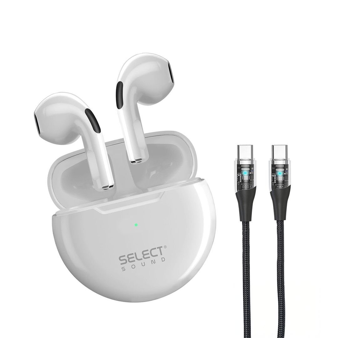 Combo Select Sound Audífonos Inalámbricos BTH022B Bluetooth TWS "Dots" + Cable USB‑C a USB‑C CC - CSPN con LED de 1.2 m - Selectsound.com.mx