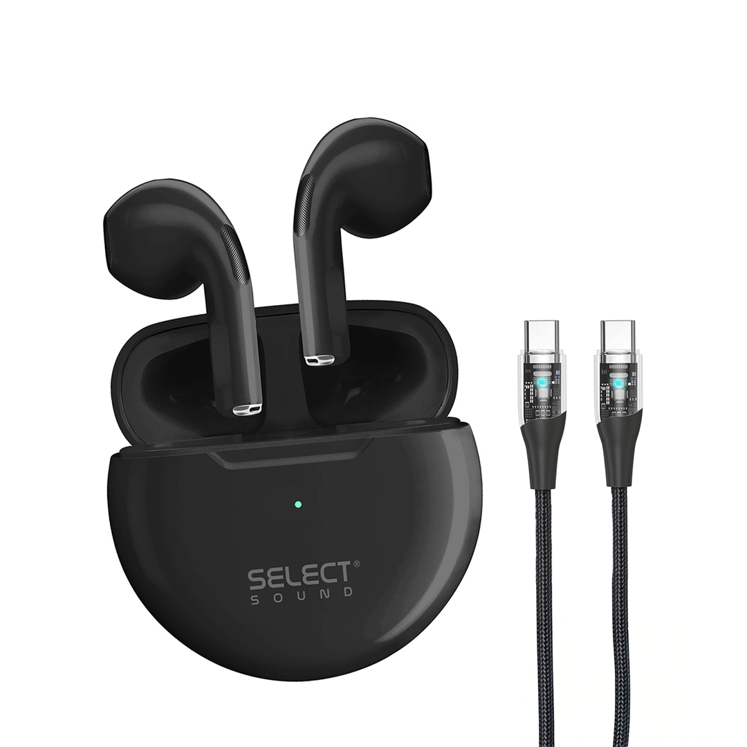 Combo Select Sound Audífonos Inalámbricos BTH022N Bluetooth TWS "Dots" + Cable USB‑C a USB‑C CC - CSPN con LED de 1.2 m - Selectsound.com.mx