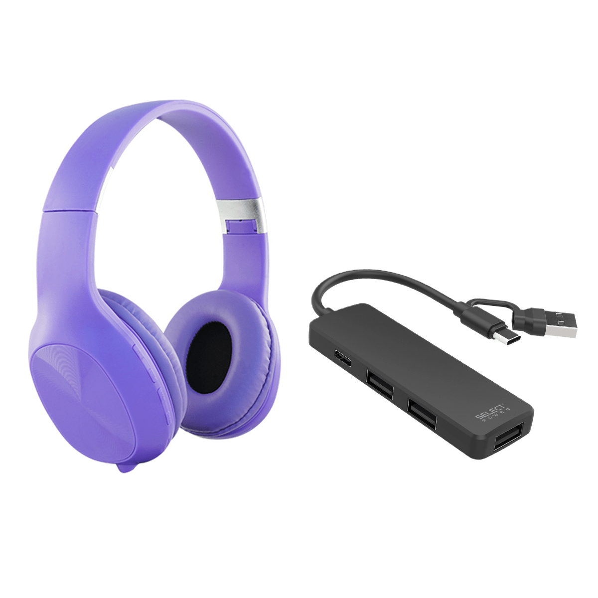 Combo Select Sound Hub USB‑C ADAPU - SP 4 Puertos + Audífonos Inalámbricos BTH020M Bluetooth Colors - Selectsound.com.mx
