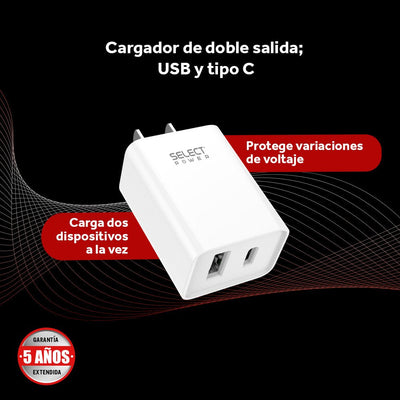 Cubo Cargador De Pared 2 Salidas Usb Y Tipo C Select Power Modelo CUC - SP - Selectsound.com.mx