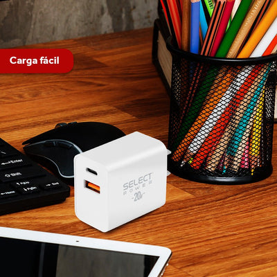 Cubo Cargador De Pared Doble Salida Usb Y Tipo C 20w Carga Rápida Select Power CUC20 - SP2 - Selectsound.com.mx