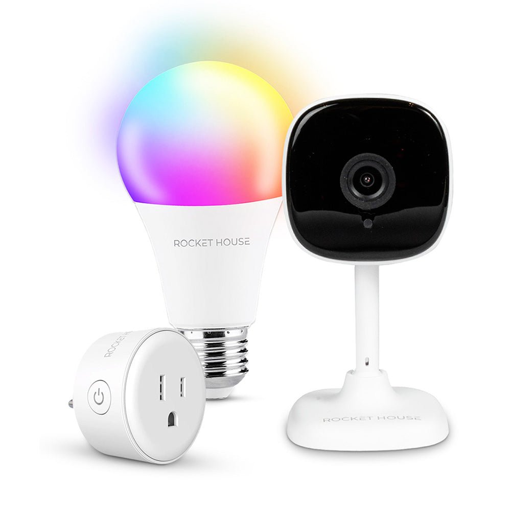 Kit Smart Home Rocket House: Cámara BUHO 1080p + Enchufe Inteligente RH - SO + Foco LED RAINBOW RGB - Selectsound.com.mx