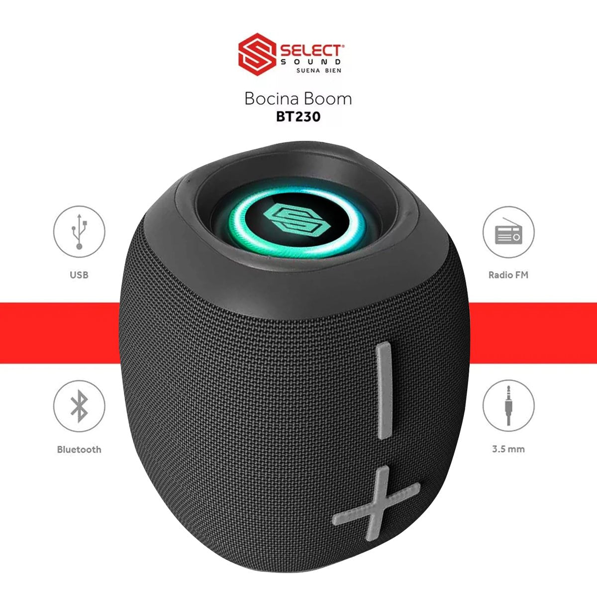 Mini Bocina Bluetooth Select Sound Boom BT230 con TWS, Radio FM y Luz LED