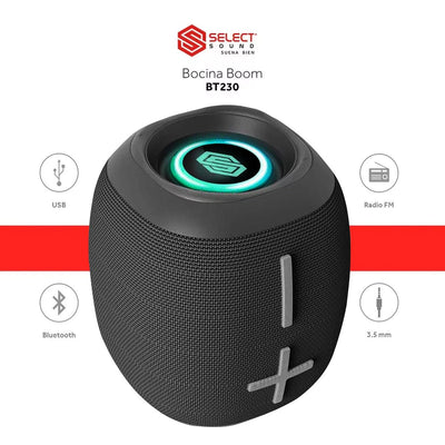 Mini Bocina Bluetooth Select Sound Boom BT230 con TWS, Radio FM y Luz LED