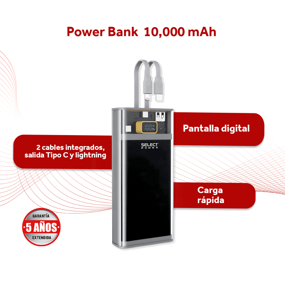 Power Bank Bateria Portátil Carga Rapida 10,00mAh Select Power Modelo PB10C - Selectsound.com.mx