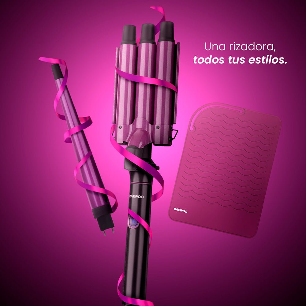 ⭐Rizador Waflera DW - RZ2 Daewoo 3 en 1 de Barriles Rizador Triple Wave + Ferro Intercambiable - Selectsound.com.mx